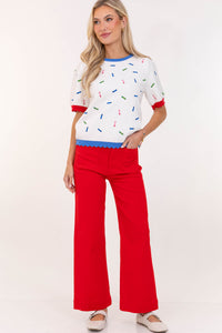 Crowd Pleaser White Crayon Embroidered Sweater
