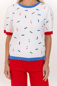 Crowd Pleaser White Crayon Embroidered Sweater