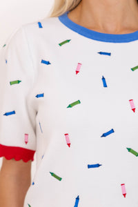 Crowd Pleaser White Crayon Embroidered Sweater