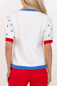 Crowd Pleaser White Crayon Embroidered Sweater