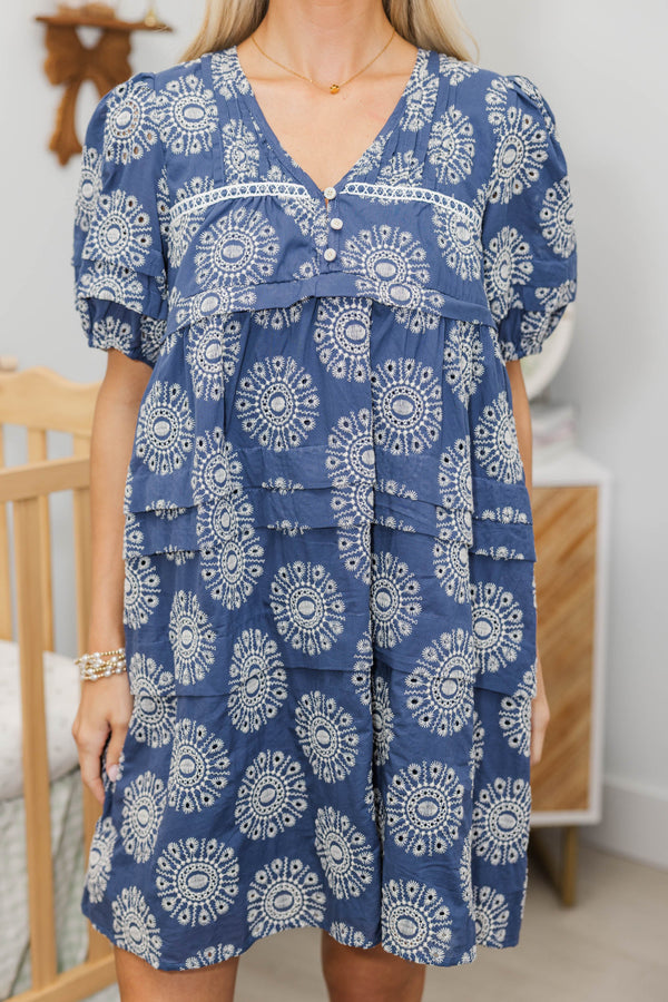 NURSING COLLECTION: Designed For Joy Navy Eyelet Pleated Dress