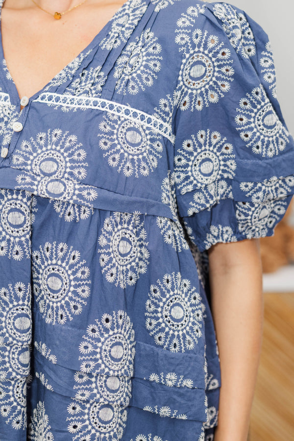 NURSING COLLECTION: Designed For Joy Navy Eyelet Pleated Dress