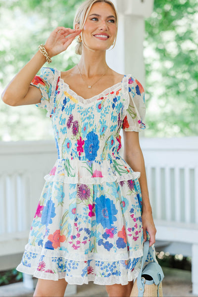 Utterly Lovely Blue Floral Smocked Dress, Medium - The Mint Julep Boutique