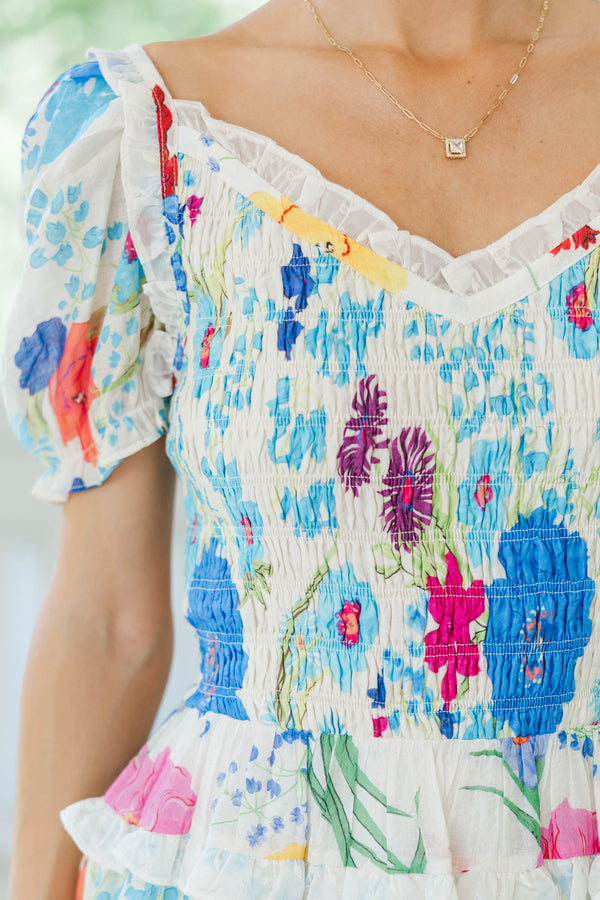 Utterly Lovely Blue Floral Smocked Dress