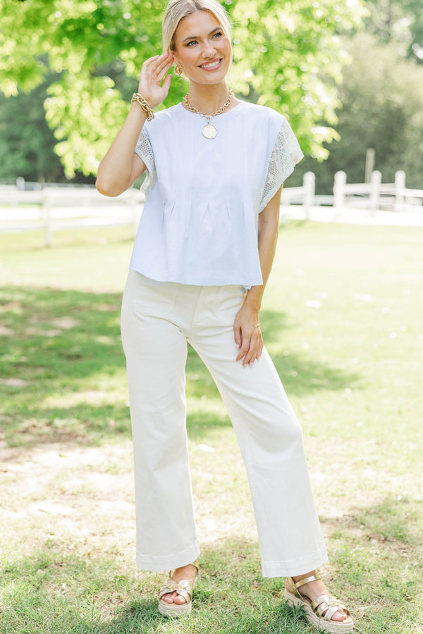 Always Classic Light Blue Crochet Peplum Top