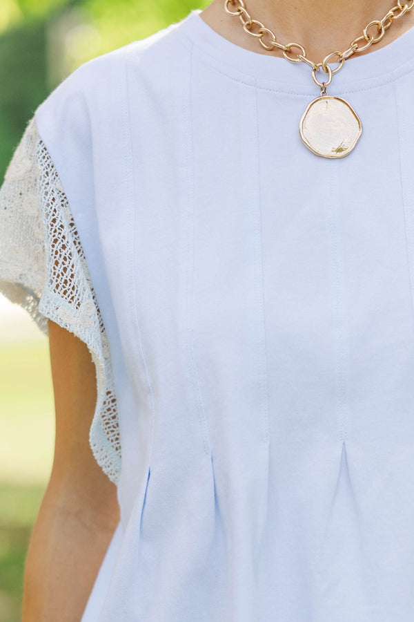 Always Classic Light Blue Crochet Peplum Top