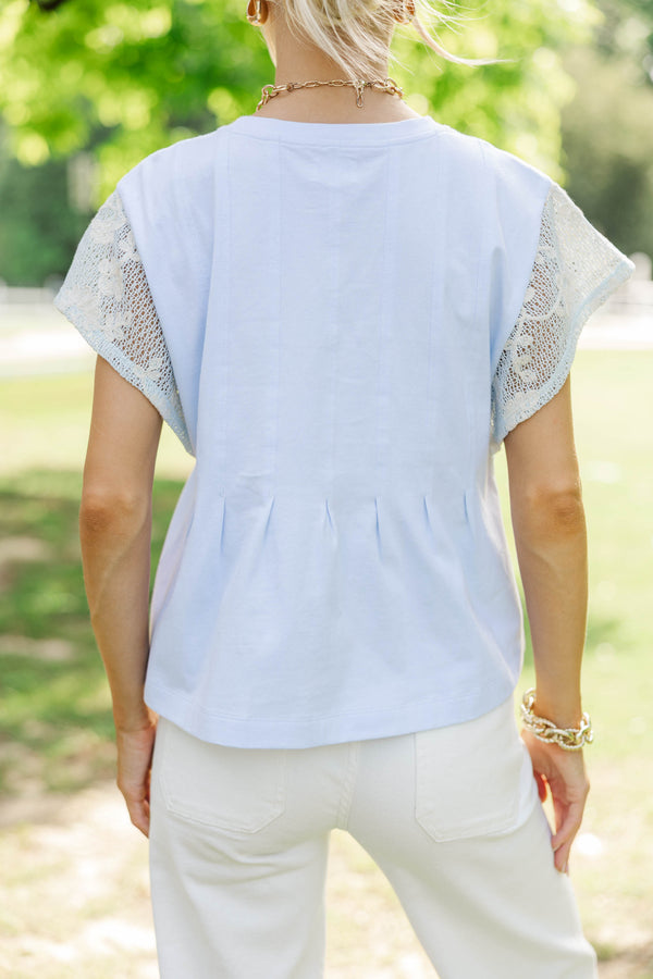Always Classic Light Blue Crochet Peplum Top