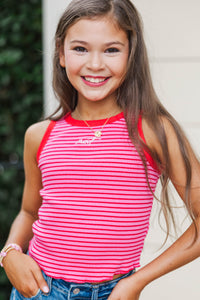 Girls: The Signature Pink Striped Mint Embroidered Tank