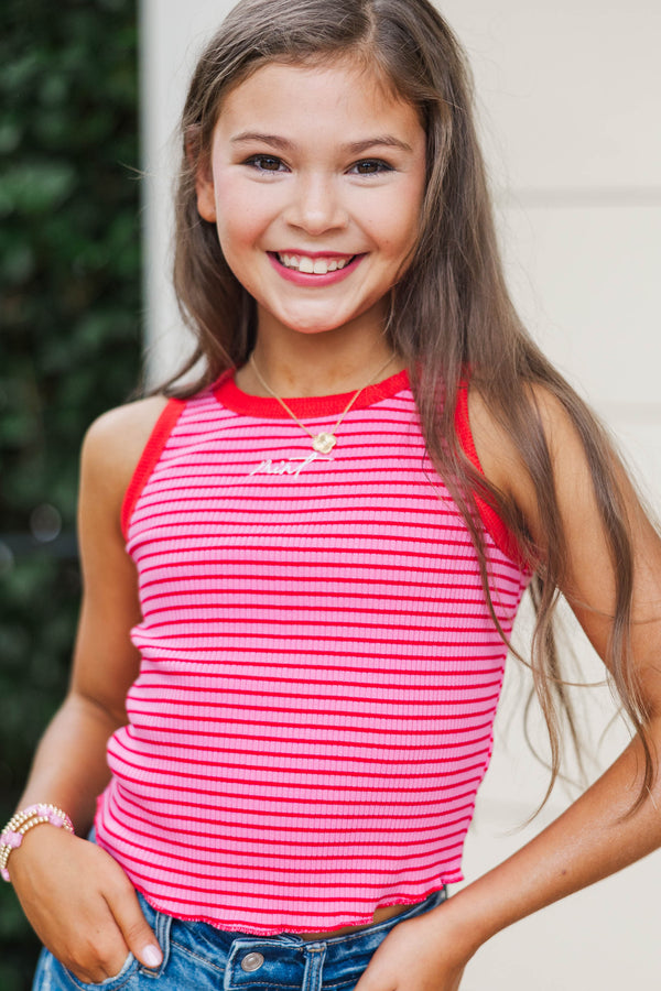 Girls: The Signature Pink Striped Mint Embroidered Tank