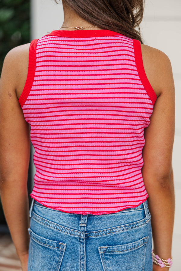 Girls: The Signature Pink Striped Mint Embroidered Tank