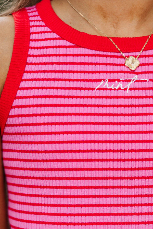 Girls: The Signature Pink Striped Mint Embroidered Tank