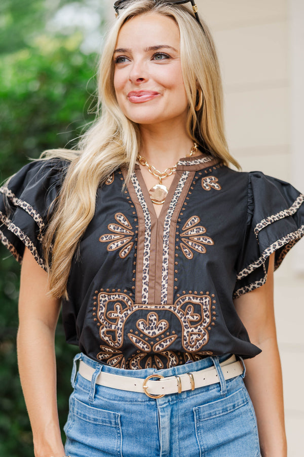 By Chance Black Leopard Blouse