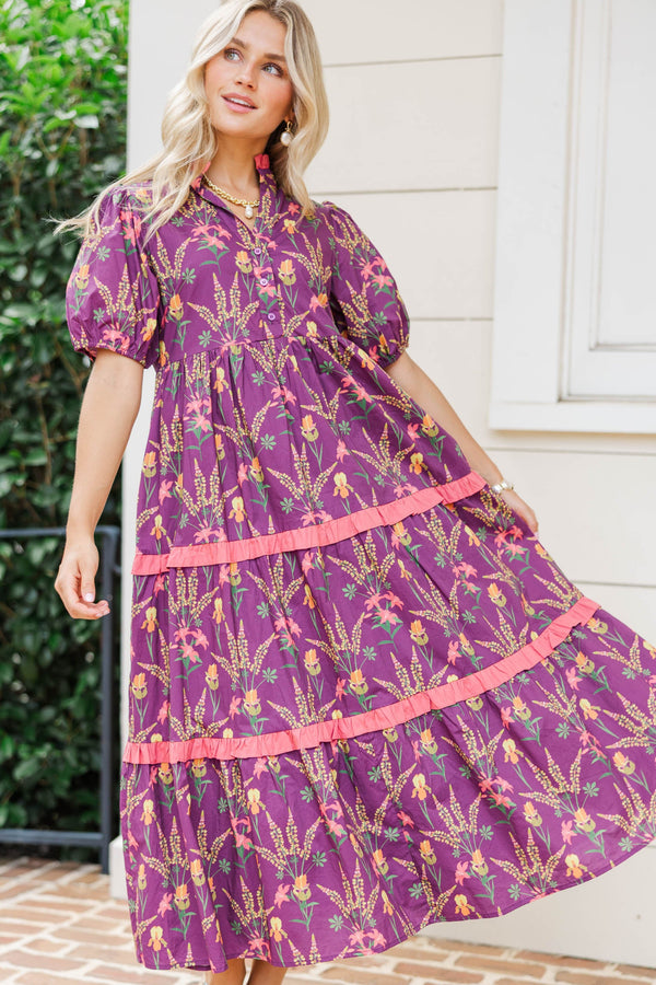 Moment To Shine Plum Floral Midi Dress
