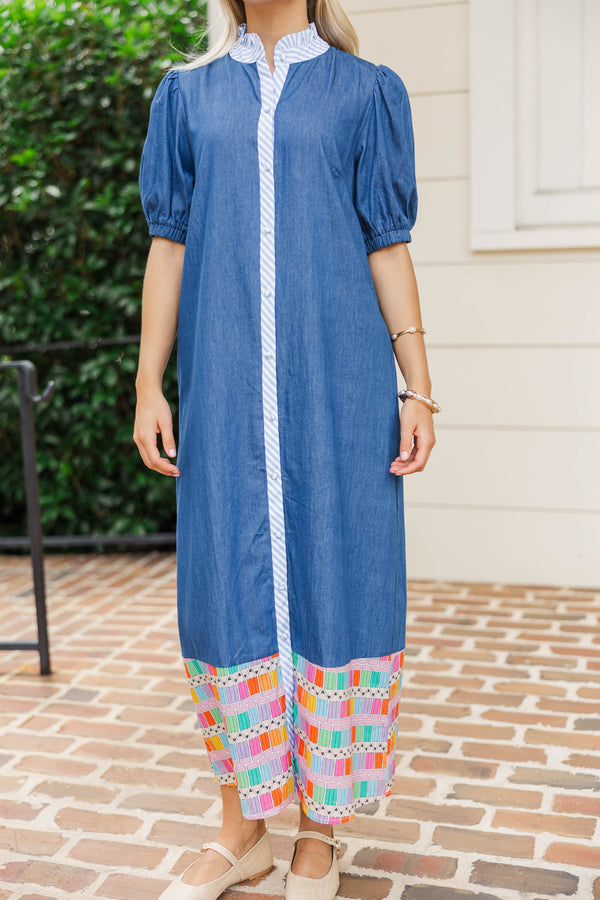 On Our Way Blue Colored Pencil Midi Dress