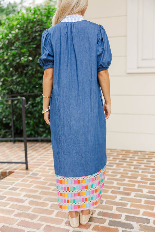 On Our Way Blue Colored Pencil Midi Dress