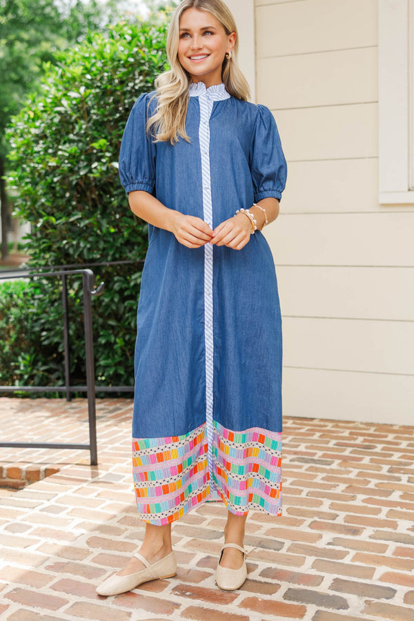 On Our Way Blue Colored Pencil Midi Dress