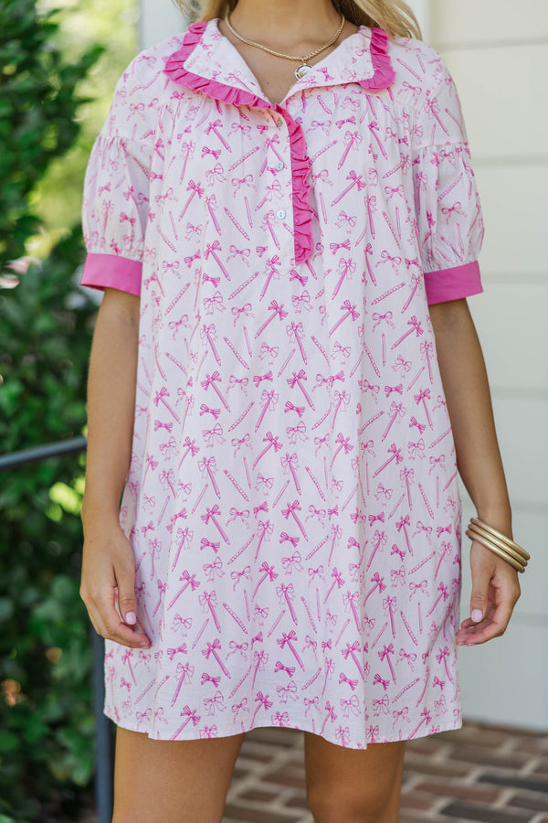 Turn Up The Charm Pink Pencil Toile Dress