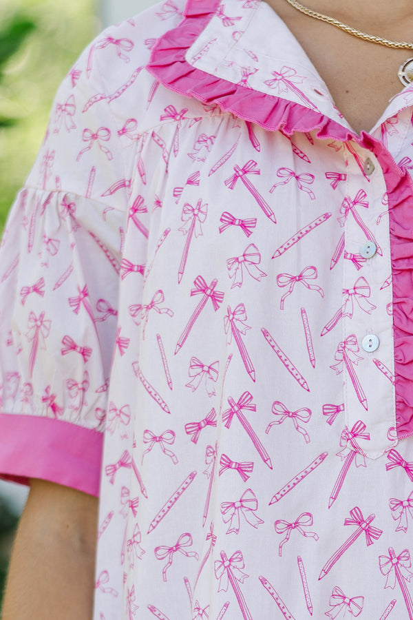 Turn Up The Charm Pink Pencil Toile Dress