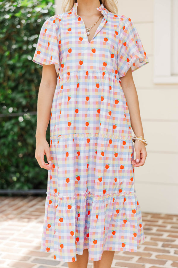 Feeling Your Best Blue Gingham Apple Print Midi Dress