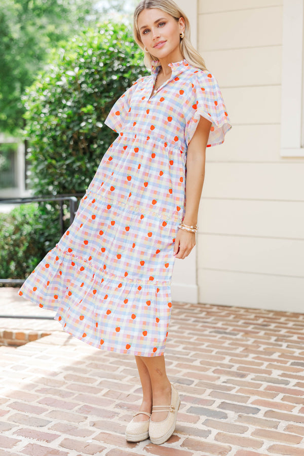 Feeling Your Best Blue Gingham Apple Print Midi Dress