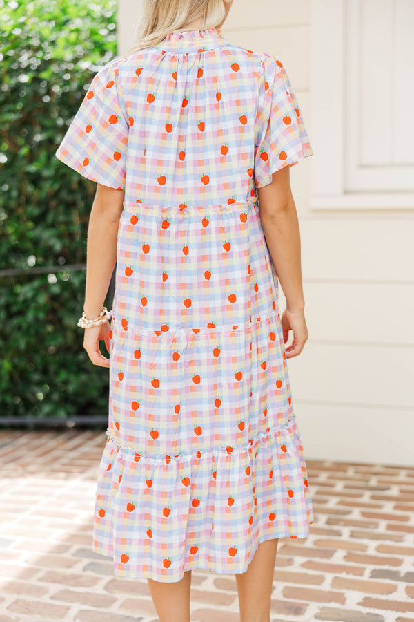 Feeling Your Best Blue Gingham Apple Print Midi Dress