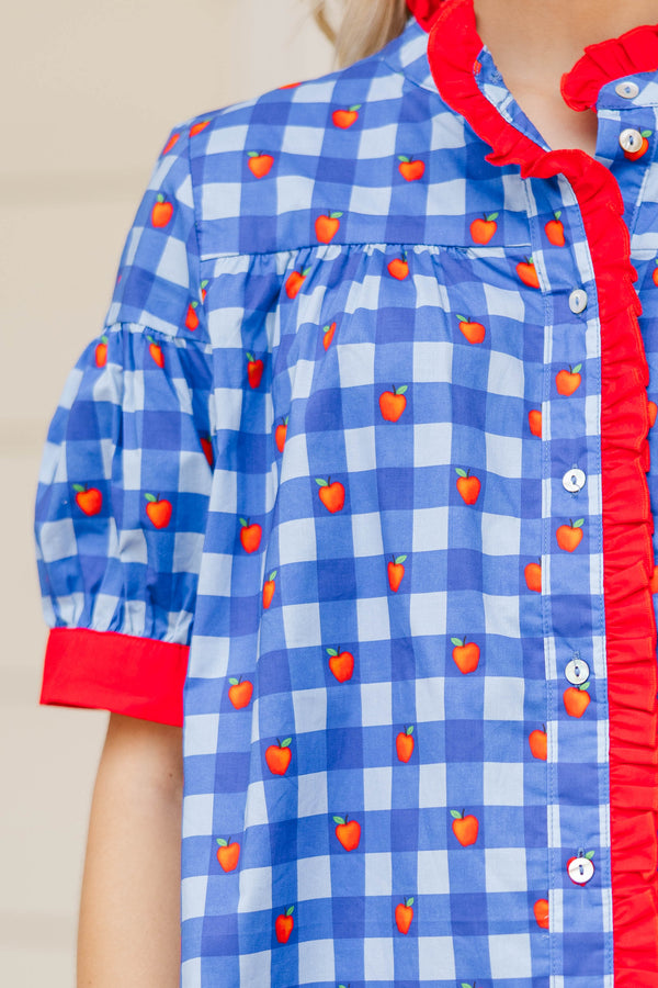 Heartfelt Moments Blue Apple Gingham Blouse