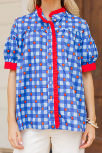 Heartfelt Moments Blue Apple Gingham Blouse