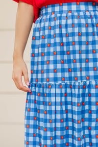 Getting Close Blue Apple Gingham Midi Skirt