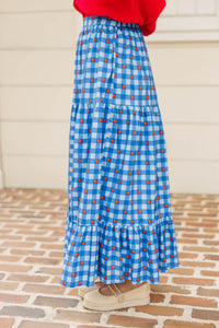 Getting Close Blue Apple Gingham Midi Skirt