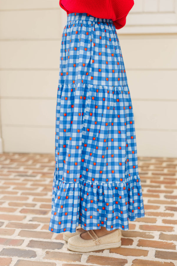 Getting Close Blue Apple Gingham Midi Skirt