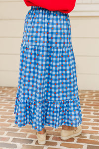 Getting Close Blue Apple Gingham Midi Skirt