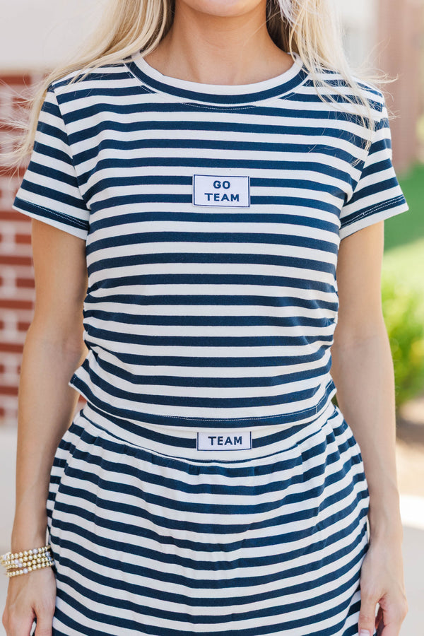 Rally Girl Navy Striped Go Team Patch Top