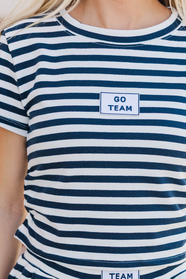 Rally Girl Navy Striped Go Team Patch Top