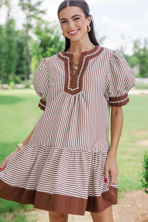 Golden Standard Brown Striped Dress, Medium - The Mint Julep Boutique