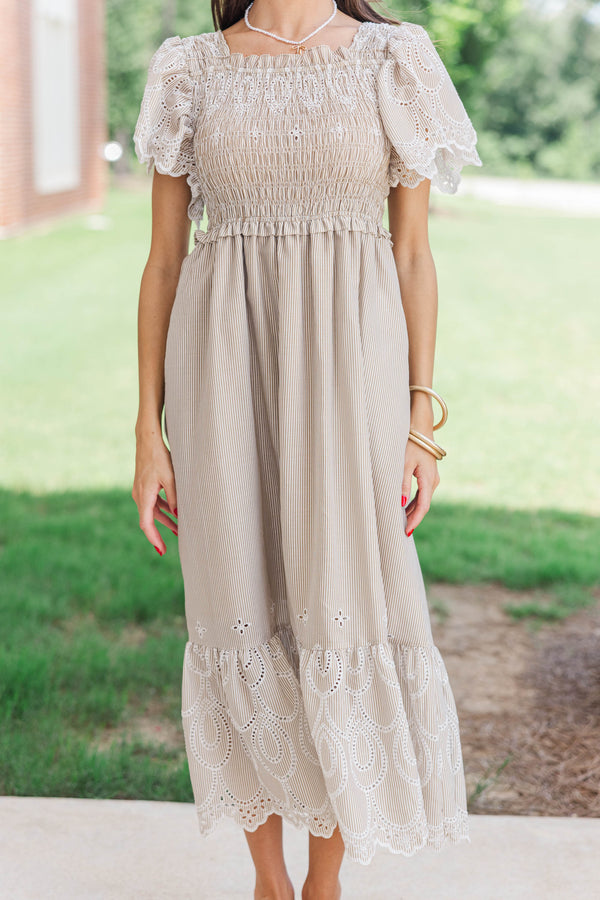 Worth Noting Brown Striped Midi Dress