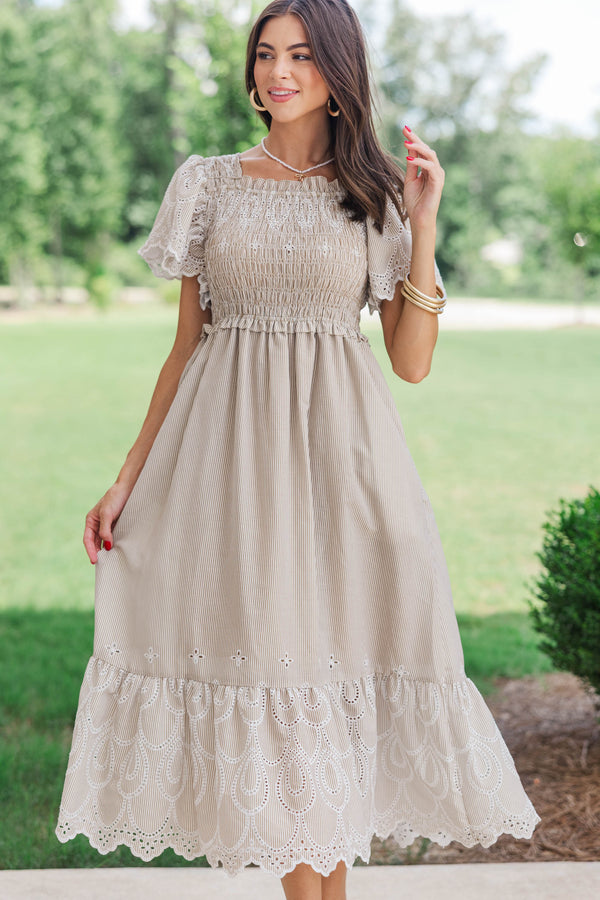 Worth Noting Brown Striped Midi Dress