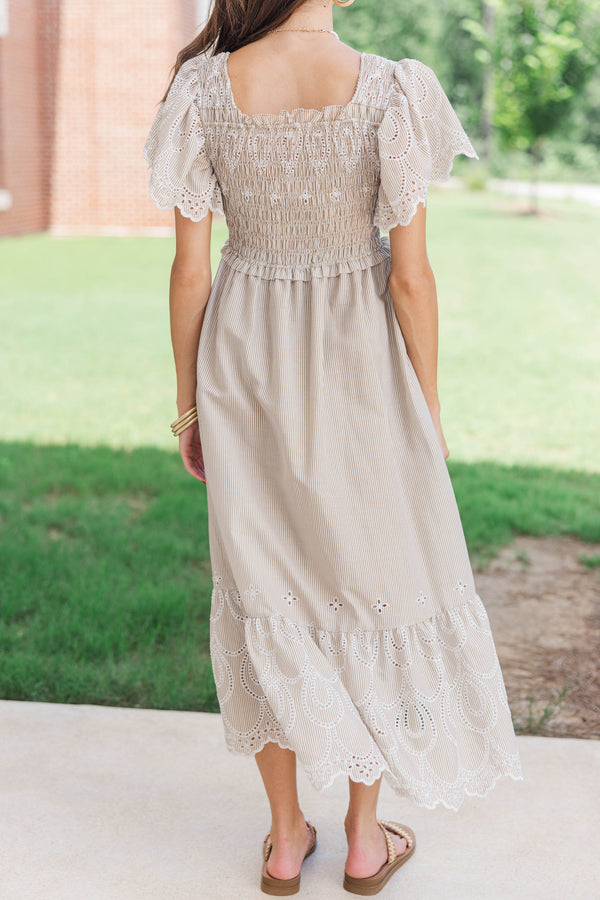 Worth Noting Brown Striped Midi Dress