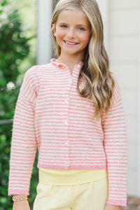 Girls: Fun Detail Coral Striped Cardigan