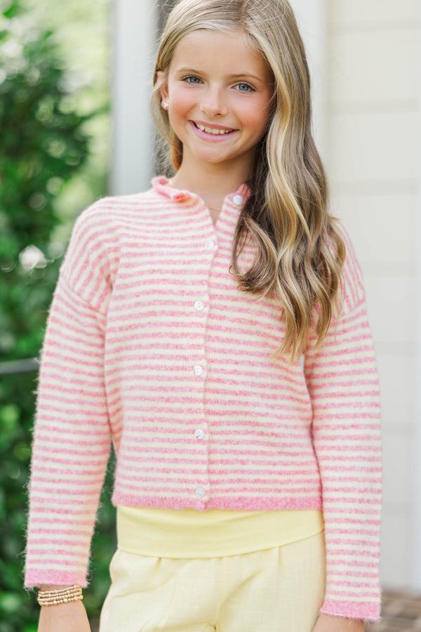 Girls: Fun Detail Coral Striped Cardigan