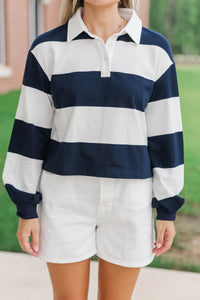 The Proper Navy Blue Rugby Striped Polo