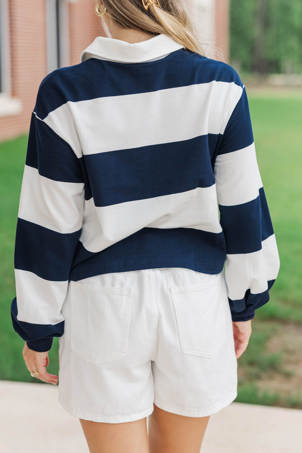 The Proper Navy Blue Rugby Striped Polo