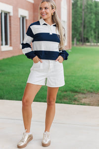The Proper Navy Blue Rugby Striped Polo