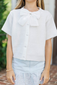 Girls: Little Charmer White Bow Knit Cardigan