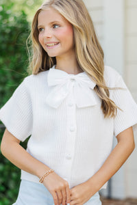Girls: Little Charmer White Bow Knit Cardigan