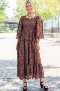 Rich Moment Brown Eyelet Midi Dress