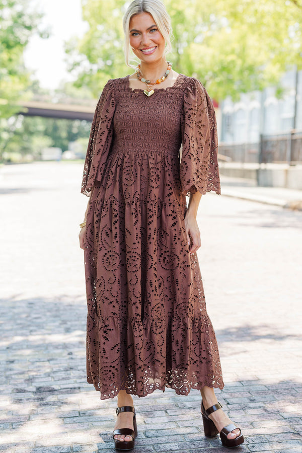 Rich Moment Brown Eyelet Midi Dress