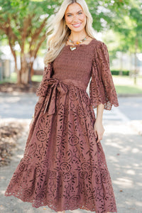 Rich Moment Brown Eyelet Midi Dress