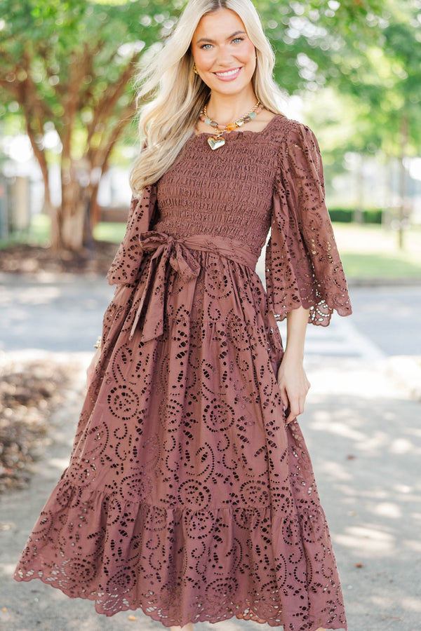 Rich Moment Brown Eyelet Midi Dress