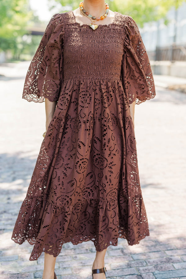 Rich Moment Brown Eyelet Midi Dress