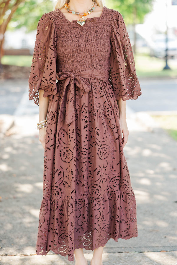 Rich Moment Brown Eyelet Midi Dress